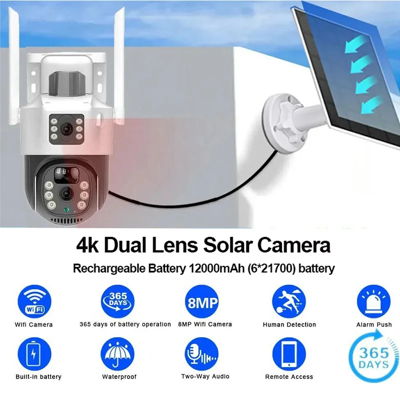 Rscamtom 4K Outdoor Solar CCTV Camera 2 Lenses Night Vision Human Detection Alarm Wifi Connectivity CMOS Memory Card Cloud - Image 2
