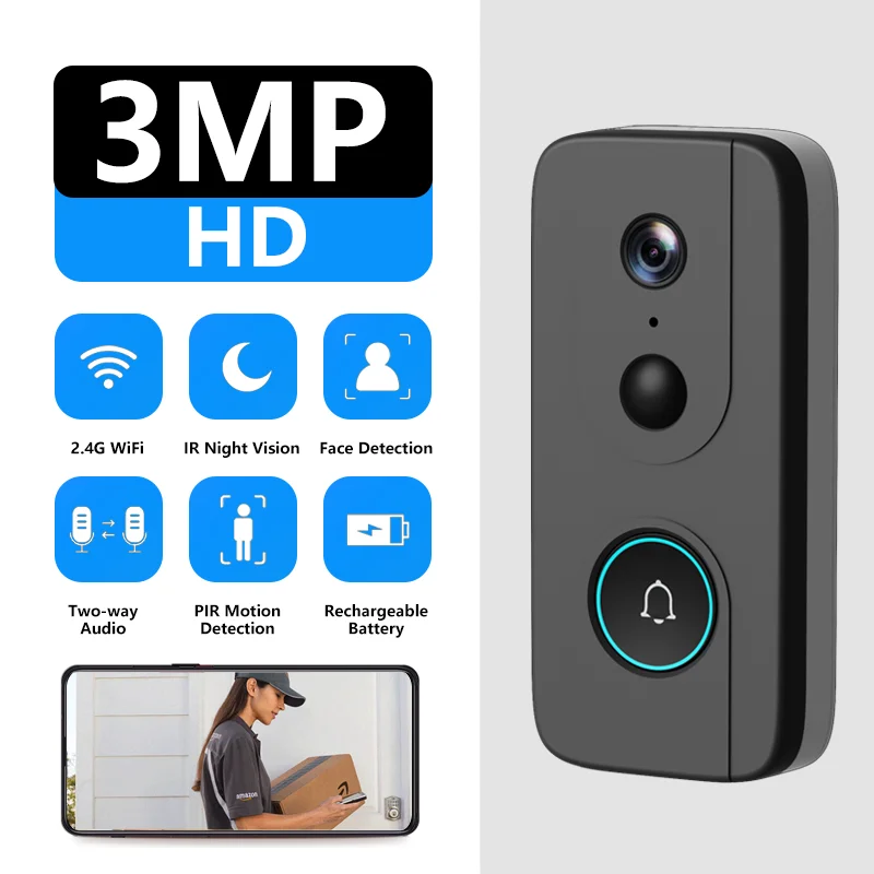3MP 2K HD Wireless Video Doorbell with PIR Motion Detection Night Vision Smart Home Security Cloud Storage Battery/USB Powered - Image 2
