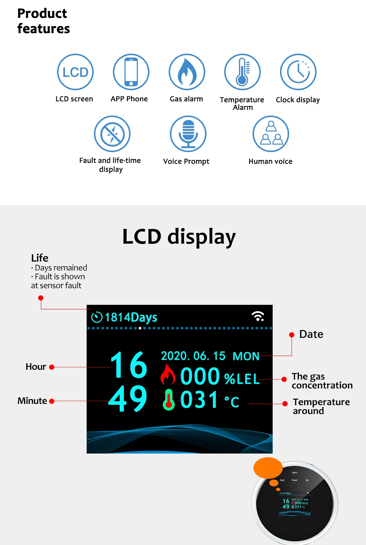 Tuya WiFi Smart Home Security System Durable Plastic Home LPG H2s Gas Leak Detector Alarm App Control with Smart Features Pack of 5 - Image 3