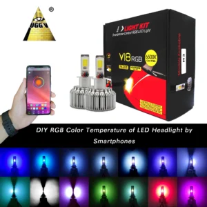 V18 H3 72W 8000LM RGB LED Car Headlight DRL Color Changing Canbus EMC Feature Controlled Smartphones Cob Chip 12 Months Warranty