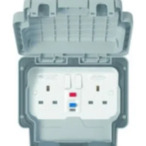 MK Electric Socket 2 Gang Switched SP RCD Active IP66 13A 30Ma White