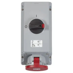 MK Electric Socket Triple Pole Neutral+Earth Switched Vertical 63A 415V Red Angled Interlock IP44