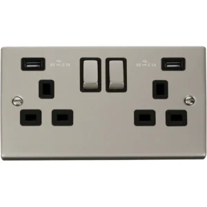 Click Scolmore Victorian Pearl Nickel Black Insert 13A Ingot 2 Gang Switched Socket Outlet With Twin USB (Total 4.2A) Outlets
