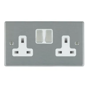 Hamilton Socket 2 Gang Switched 13A 85 x 145mm Satin Steel/Satin Steel White Insert