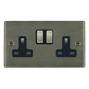 Hamilton Socket 2 Gang Switched 13A 85 x 145mm Antique Brass/Ant Brushed Black Insert