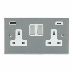 Hamilton Socket 2G DP Switched USB+C Outlets 13A 85X145mm Satin Steel/Satin Steel