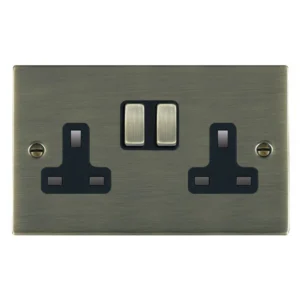 Hamilton Socket 2 Gang Switched 13A 86 x 146mm Antique Brass/Ant Brushed Black Insert