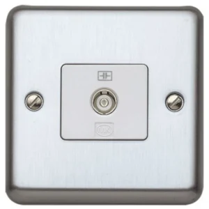 MK Electric TVFM Co-Axial Socket Outlet, Isolated, Single Outlet Brushed Stainless Steel