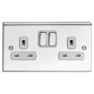Deta Socket 2 Gang Double Pole Switched 13A Chrome White Insert