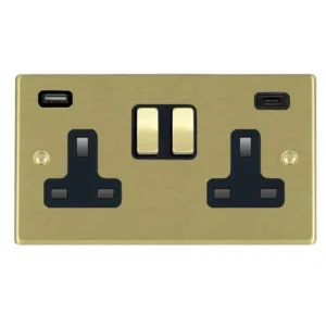 Hamilton Socket 2G DP Switched USB+C Outlets 13A 85X145mm Sat Brass 2X2.4A