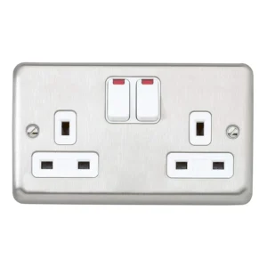 MK Electric Brushed Stainless Steel 13A 2 Gang Double Pole Switch Socket Outlet With Neons