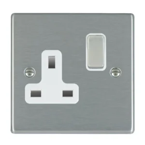 Hamilton Socket 1 Gang Switched 13A 88X88mm Satin Steel/Satin Steel White Insert