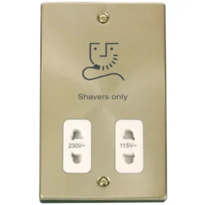 Click Scolmore Shaver Socket Dual Voltage 115/230V Sat Brass White Insert Victori
