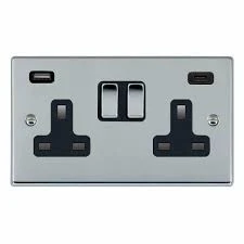 Hamilton Socket 2G DP Switched USB+C Outlets 13A 85X145mm Bri Chr/Bri Chr