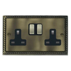 Hamilton Socket Switched 2 Gang 13A 146X86mm Antique Brass Black Insert