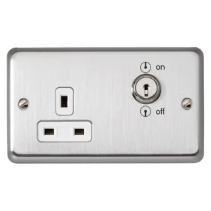 MK Electric Brushed Stainless Steel 13A Double Pole Lockable Dual Earth Socket Outlet and Key Operated Switch