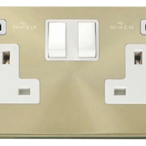 Click Scolmore Socket 2G Switched Twin USB Outlet 13A 2X2.1A Sat Brass White Insert