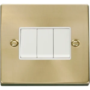 Click Scolmore Plate Switch 3 Gang 2 Way 10A Satin Brass White Insert Victorian