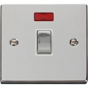 Click Scolmore Victorian Polished Chrome White Insert 20A Ingot Double Pole Plate Switch With Neon
