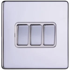 Deta Plate Switch 3 Gang 2 Way 10A Chrome White Insert