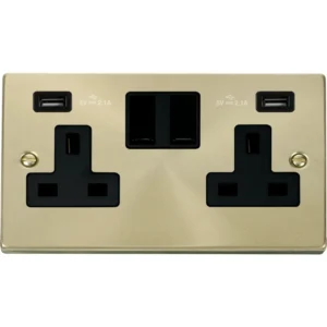 Click Scolmore Victorian Satin Brass Black Insert 13A 2 Gang Switched Socket Outlet With Twin USB (Total 4.2A) Outlets