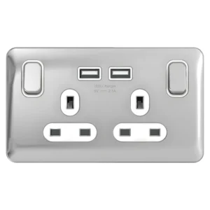 Schneider Electric Lisse 2-Gang 1-Pole 13A Switched Socket x2 USB Polished Chrome / White