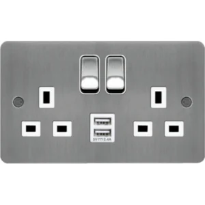 Hager Socket 2 Gang DP Switched Dual Earth 13A Brushed Steel 2X2.4A USBs&Wh