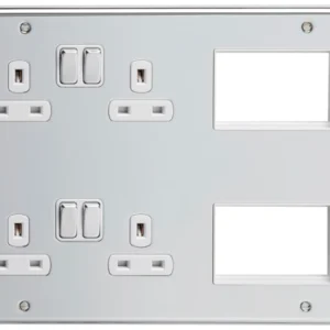 Deta Media Plate 2X2 Gang Switched Sockets 13A Chrome 2X3 Module Cutouts&Whi