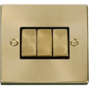 Click Scolmore Victorian Satin Brass Black Insert 10AX Ingot 3 Gang 2 Way Plate Switch