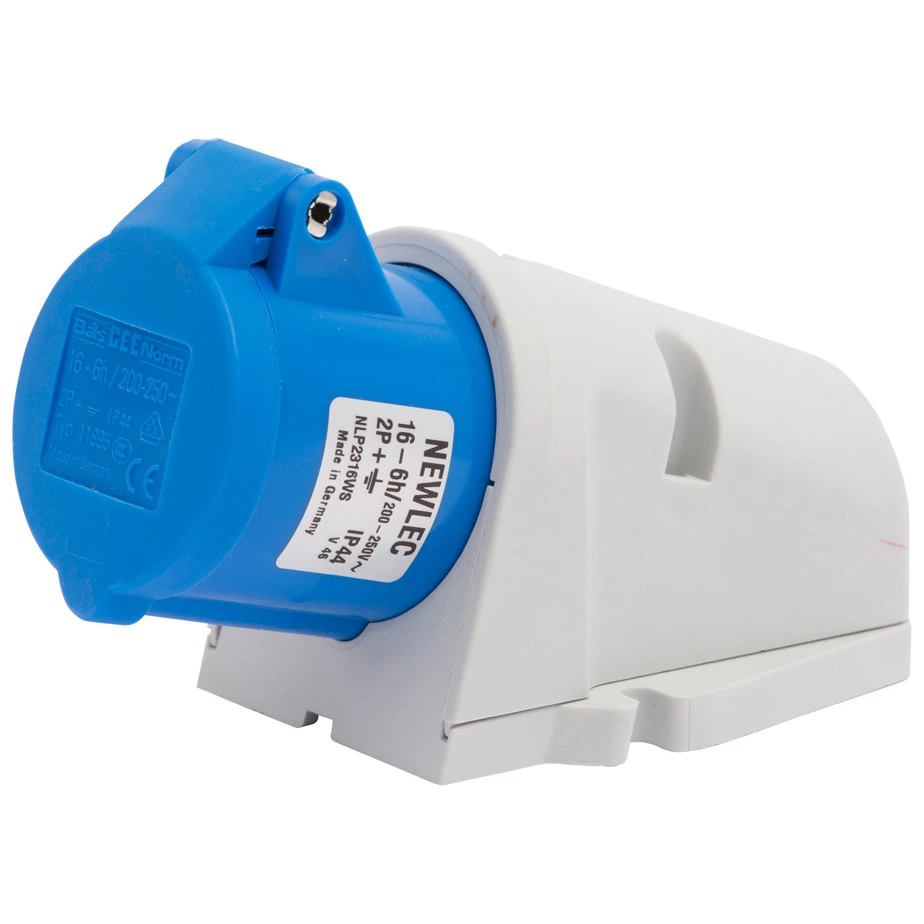 Newlec Industrial Power Socket Surface Wall 2P+E 16A 230V IP44 Blue