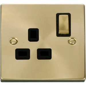 Click Scolmore Victorian Satin Brass Black Insert 13A Ingot 1 Gang Double Pole Switched Socket Outlet