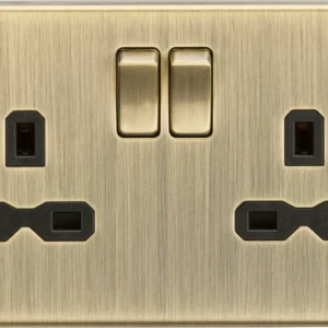Knightsbridge MLA 13A 2G Switched Socket with Black Insert - Square Edge Antique Brass