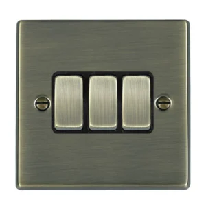 Hamilton Switch Rocker 3 Gang 2 Way 10A 88X88mm Antique Brass/Ant Brushed Black Insert