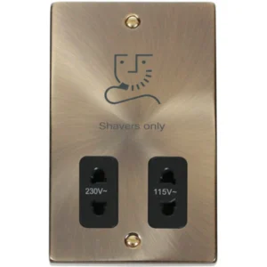 Click Scolmore Shaver Socket Dual Voltage 115/230V Antique Brass Black