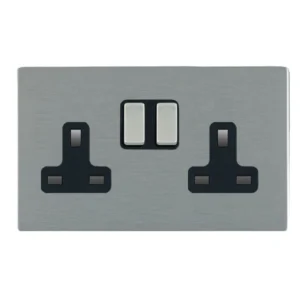 Hamilton Socket Switched 2 Gang 13A 146 x 86mm Satin Steel Black Insert