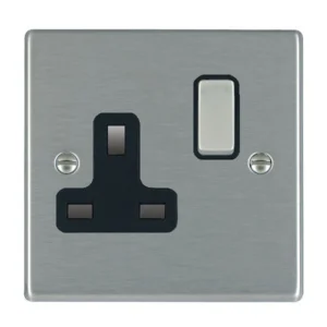 Hamilton Socket 1 Gang Switched 13A 88X88mm Satin Steel/Satin Steel Black Insert