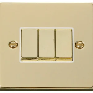 Click Scolmore Victorian Polished Brass White Insert 10AX Ingot 3 Gang 2 Way Plate Switch