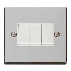 Click Scolmore Plate Switch 3 Gang 2 Way 10A Polished Chrome White Insert Victorian