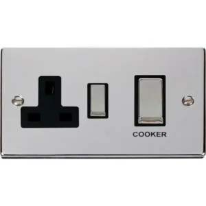Click Scolmore Victorian Polished Chrome Black Insert 45A Ingot 2 Gang Double Pole Switch With 13A Double Pole Switched Socket Outlet