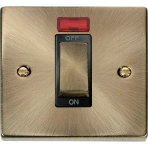 Click Scolmore Victorian Antique Brass Black Insert 45A Ingot 1 Gang Double Pole Plate Switch With Neon