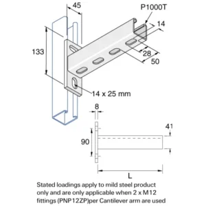 Unistrut Cantilever Arm For P1000T Channel 41 x 41 Slotted 300mm Steel Hot Dipped Galvanised