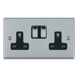 Hamilton Socket 2 Gang Switched 13A 85 x 145mm Bri Chrome/Bri Chrome Black Insert