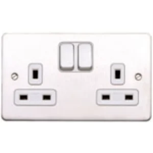 MK Electric Socket 2 Gang Switched DP Dual Earth 13A Brushed Stainless Steel Black Insert
