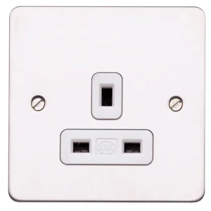 MK Electric Socket 1 Gang UnSwitched Dual Earth 13A Brushed Stainless Steel White Insert