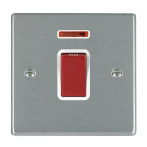 Hamilton Switch Rocker Red 1 Gang Dp+Neon 45A 88X88mm Satin Steel White Insert