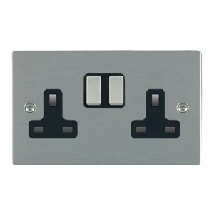 Hamilton Socket 2 Gang Switched 13A 86 x 146mm Satin Steel/Satin Steel Black Insert
