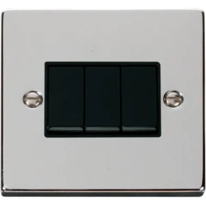 Click Scolmore Plate Switch 3 Gang 2 Way 10A Polished Chrome Black Insert Victorian