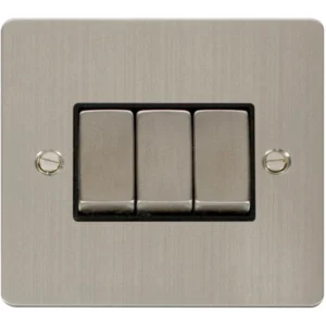 Click Scolmore Plate Switch 3 Gang 2 Way 10A Stainless Steel Black Insert