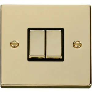 Click Scolmore Victorian Polished Brass Black Insert 10AX Ingot 2 Gang 2 Way Plate Switch