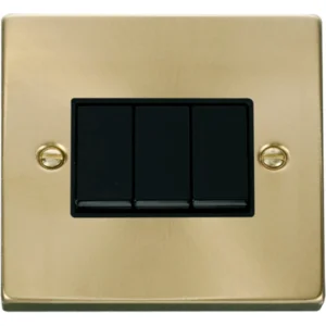 Click Scolmore Plate Switch 3 Gang 2 Way 10A Satin Brass Black Insert Victorian